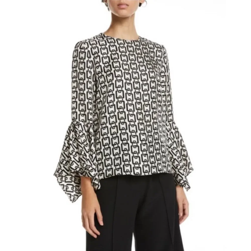 Milly Holly Bell-Sleeve Chain-Print Twill Top 12 - Picture 2 of 8